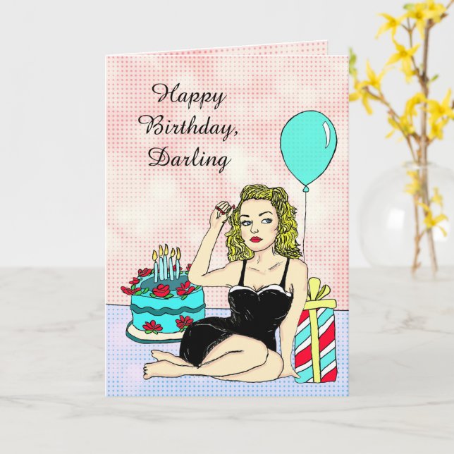 Happy Birthday Darling, Retro Lady Pinup Karte (Gelbe Blume)