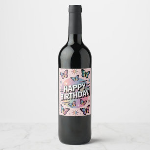 Happy Birthday Design mit farbenfrohen Schmetterli Weinetikett