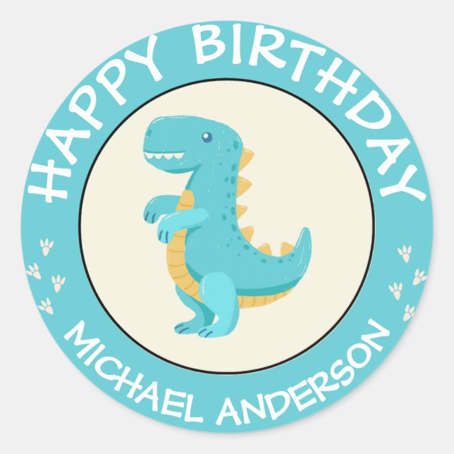 Happy Birthday Dinosaur Name Baby Blue Runder Aufkleber (Vorderseite)