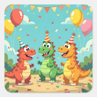 Happy birthday dinosaurs theme quadratischer aufkleber