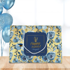 Happy Birthday Dusty Blue Gold Floral Name Große Geschenktüte