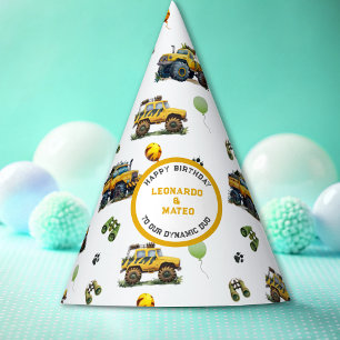 Happy Birthday Dynamic Duo Monster Truck Twin Boys Partyhütchen