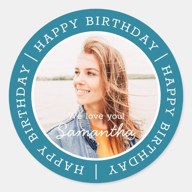 Happy Birthday Einfach Preppy Modern Custom Foto Runder Aufkleber (Vorderseite)