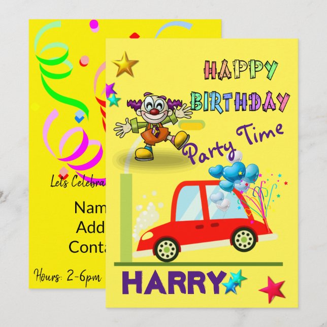 Happy Birthday Einladung Clown Car Gelb (Vorne/Hinten)