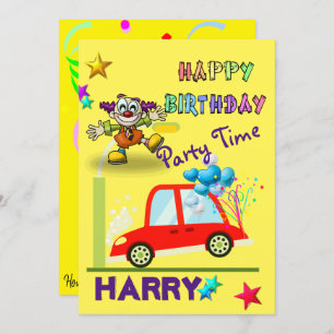 Happy Birthday Einladung Clown Car Gelb