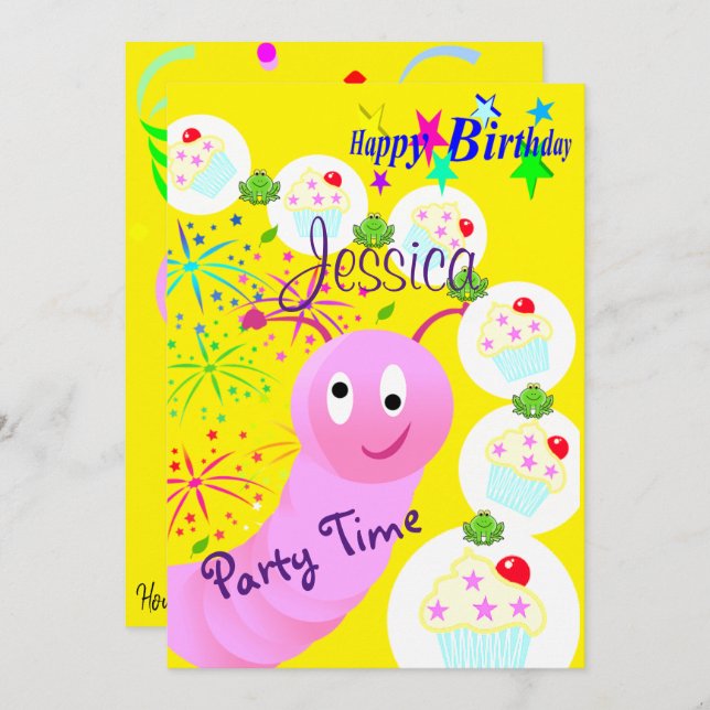 Happy Birthday Einladung Pink Worm Cupcakes (Vorne/Hinten)