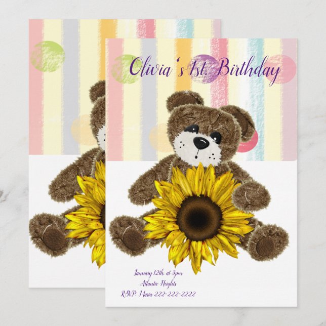 Happy Birthday Einladung Teddy Bear Pastel Streife (Vorne/Hinten)