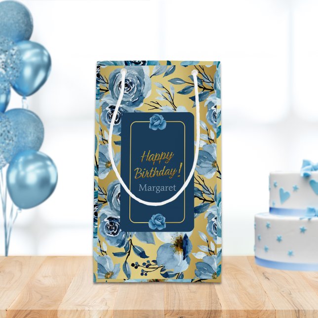 Happy Birthday Elegante Blaue Rose Blumengestalt i Kleine Geschenktüte (Von Creator hochgeladen)