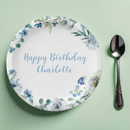Happy Birthday Elegante Blue White Floral Party Pappteller