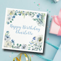 Happy Birthday Elegante Blue White Floral Party