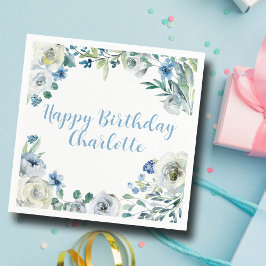 Happy Birthday Elegante Blue White Floral Party Serviette