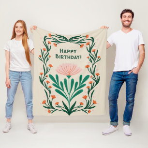 Happy Birthday Elegante Blumenrahmen Fleecedecke