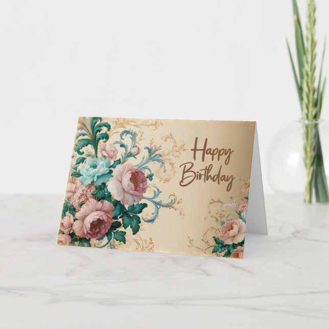Happy Birthday Elegante Vintage Rose Karte (Vorderseite)