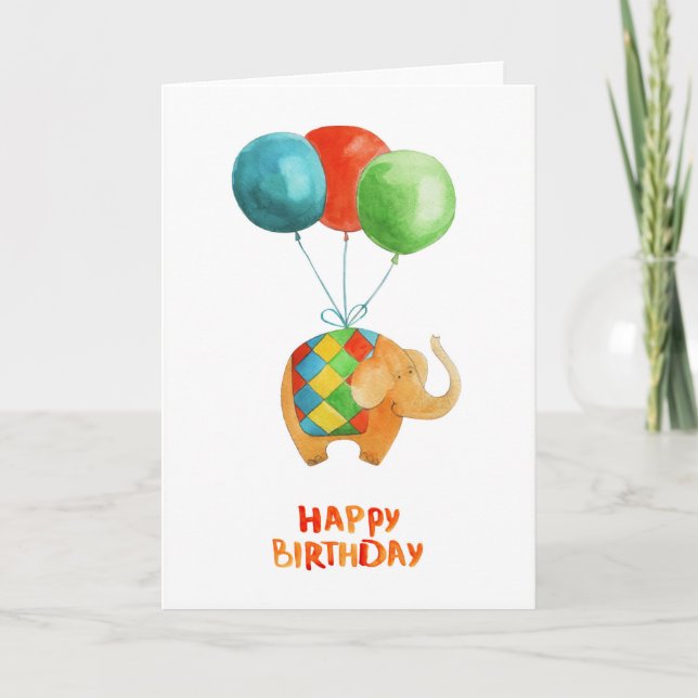 Happy Birthday Elephant & Balloons Blank Inside Karte (Vorderseite)