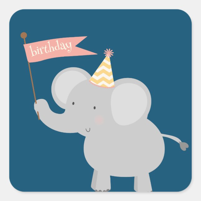 Happy Birthday Elephant Quadratischer Aufkleber (Vorderseite)
