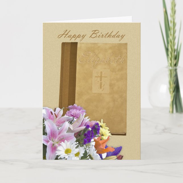 Happy Birthday Elizabeth, Prayer Book and flowers Karte (Vorderseite)
