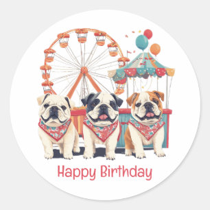 Happy Birthday English Bulldogs beim Carnival Runder Aufkleber