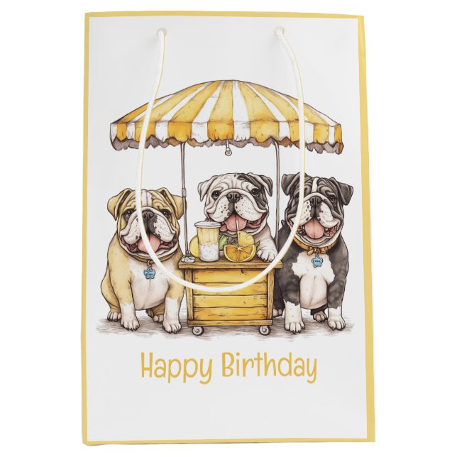 Happy Birthday English Bulldogs Lemonade Stand Mittlere Geschenktüte (Vorderseite)