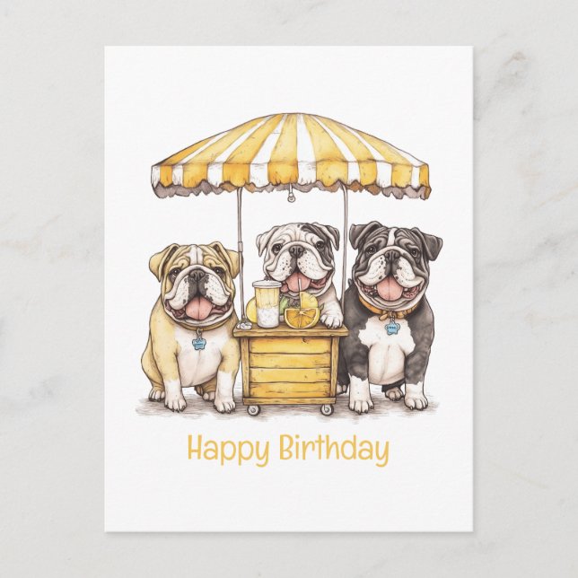 Happy Birthday English Bulldogs Lemonade Stand Postkarte (Vorderseite)