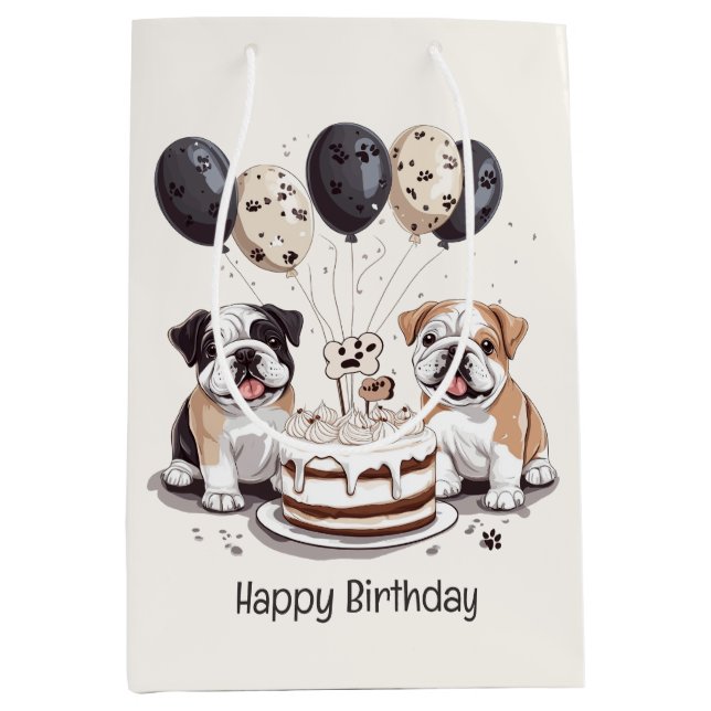 Happy Birthday English Bulldogs Mittlere Geschenktüte (Vorderseite)