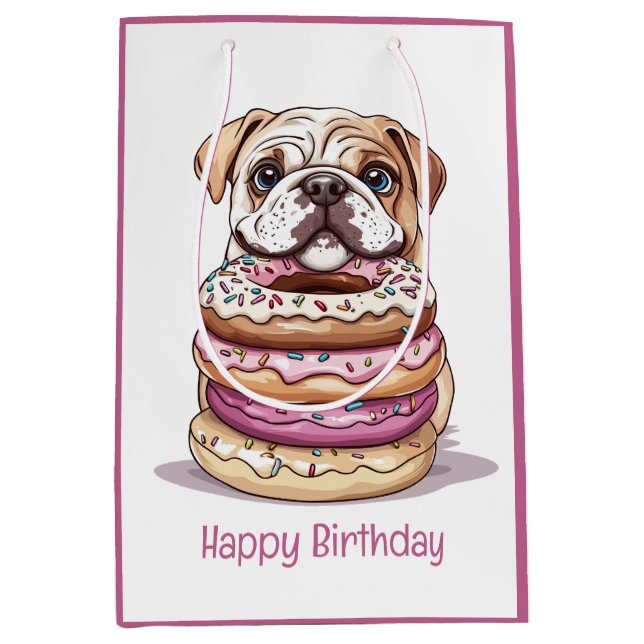 Happy Birthday English Bulldogs Mittlere Geschenktüte (Vorderseite)