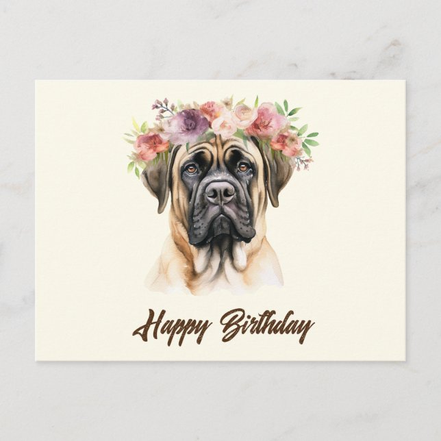 Happy Birthday English Mastiff Hund mit Blume Postkarte (Vorderseite)