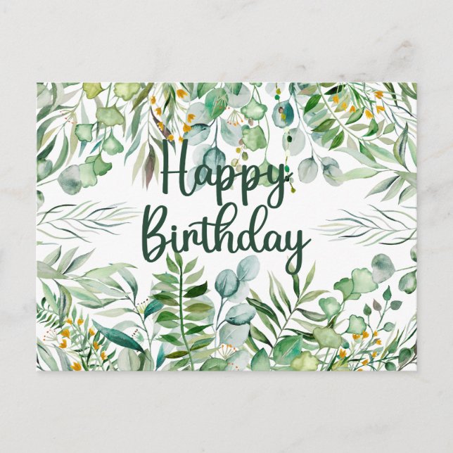 Happy Birthday Eucalyptus Blätter und Grüne Pflanz Postkarte (Vorderseite)