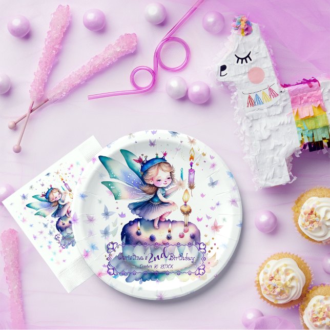 Happy Birthday Fairy 01 Pappteller (Adorable Fairy Birthday customizable round paper plate with matched paper napkin on a party table)