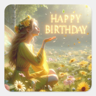 Happy Birthday Fairy Fantasy Magic Quadratischer Aufkleber