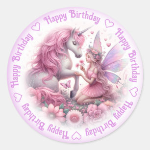 Happy Birthday Fairy & Unicorn Runder Aufkleber