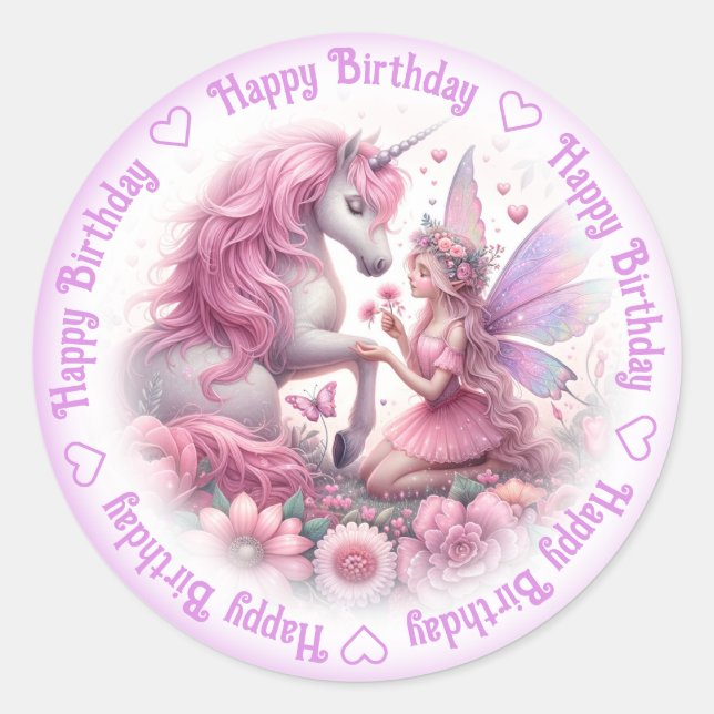 Happy Birthday Fairy & Unicorn Runder Aufkleber (Vorderseite)