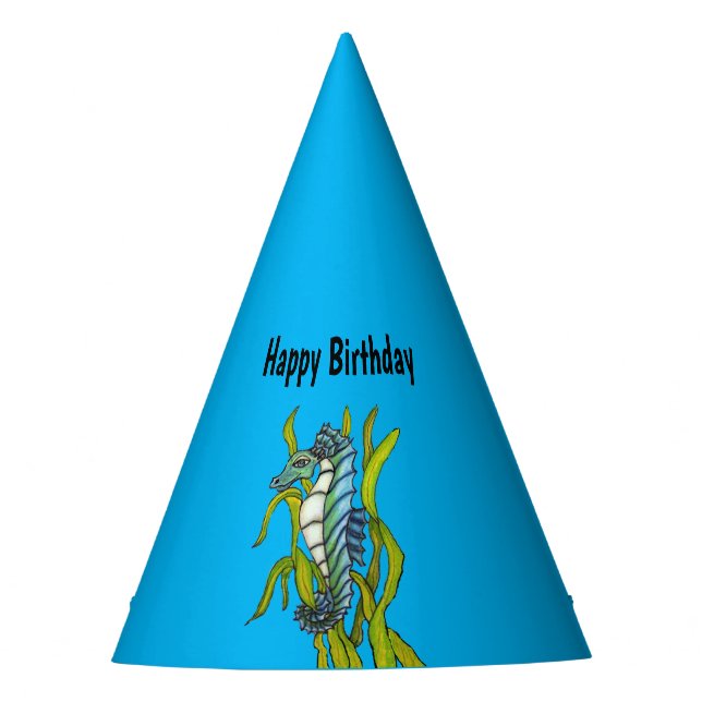 Happy Birthday Fantasy Seepferd Seaweed Blue Partyhütchen (Vorderseite)