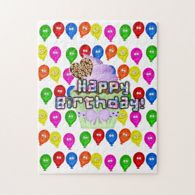 Happy Birthday farbenfrohe Balloons Cupcake Puzzle (Vertikal)