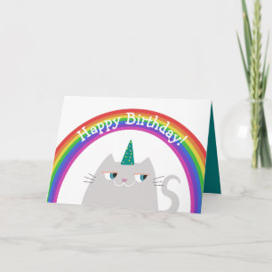 Happy Birthday farbenfrohe Einhorn-Katze und Regen Karte