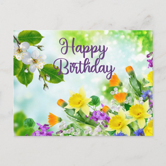 Happy Birthday farbenfrohe Frühlingsblumen Postkarte (Vorderseite)