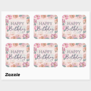 Happy Birthday farbenfrohe Frühlingsblumen Quadratischer Aufkleber