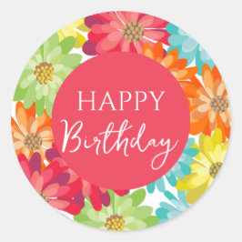 Happy Birthday farbenfrohe Frühlingsblumen Runder Aufkleber