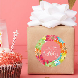 Happy Birthday farbenfrohe Frühlingsblumen Runder Aufkleber