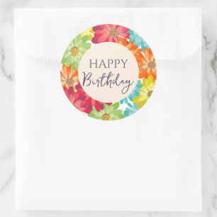 Happy Birthday farbenfrohe Frühlingsblumen Runder Aufkleber