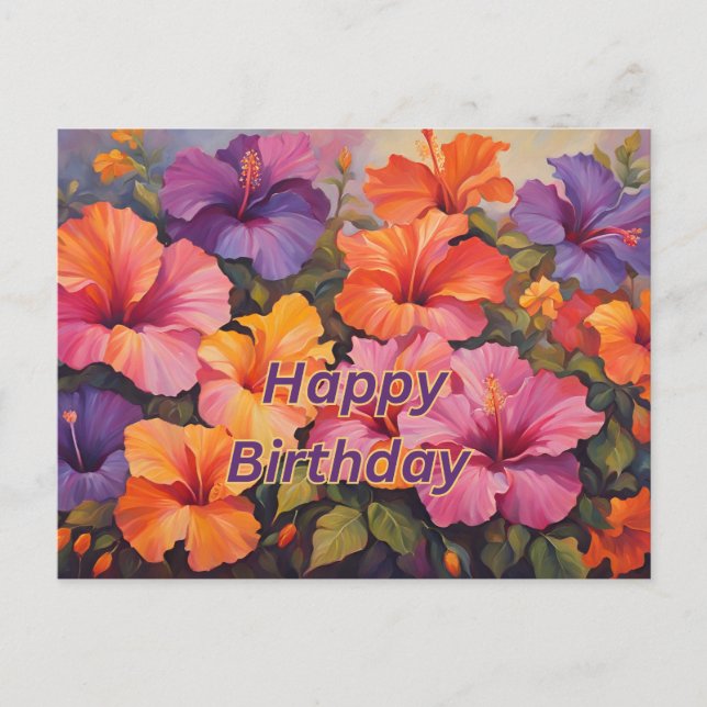 Happy Birthday farbenfrohe Hibiskus Blume Postkarte (Vorderseite)