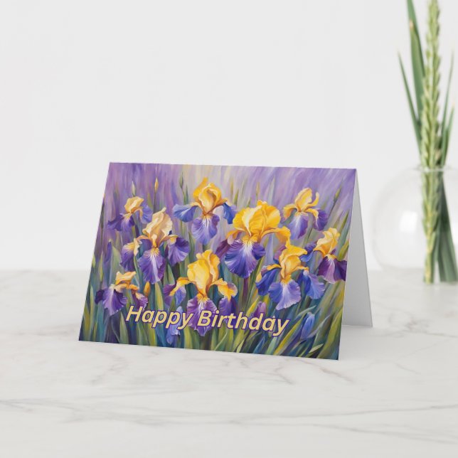 Happy Birthday farbenfrohe Iris-Blume Karte (Vorderseite)
