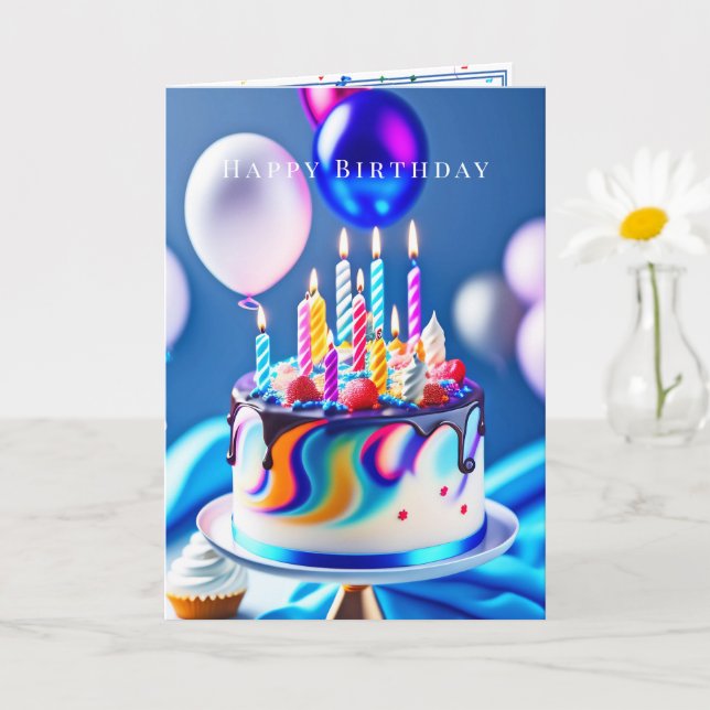 Happy Birthday farbenfrohe Kuchen Balloons Karte (Kleine Pflanze)