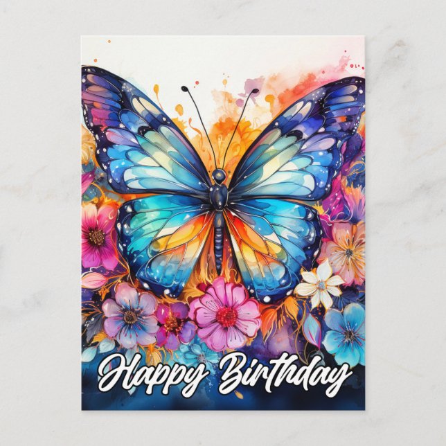 Happy Birthday | Farbenfrohe Schmetterlinge Postkarte (Vorderseite)