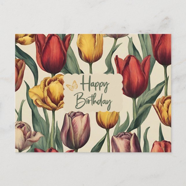 Happy Birthday farbenfrohe Tulip Blume Postkarte (Vorderseite)