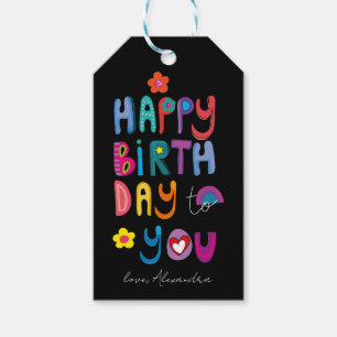 Happy Birthday farbenfrohe Typografie Geschenkanhänger