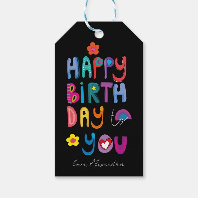 Happy Birthday farbenfrohe Typografie Geschenkanhänger (Vorderseite)