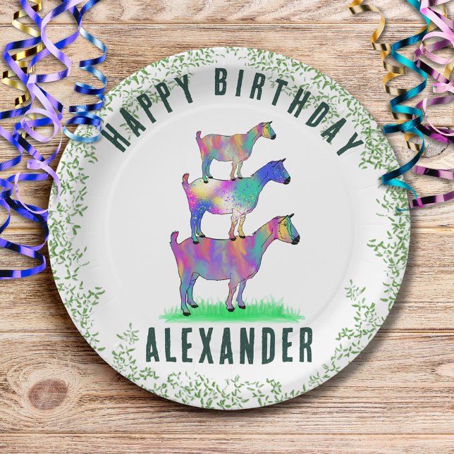 Happy Birthday farbige Ziegen und Blätter Pappteller (Cute goats colorful farm animal art happy birthday custom paper plates)