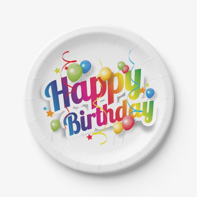 Happy Birthday Festive Paper Plate Pappteller (Bright, Festive "Happy Birthday" Plate with rainbow lettering! )