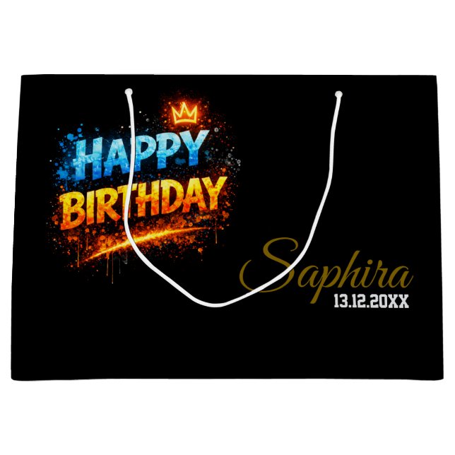 Happy Birthday Fire & Ice Splash Design (Custom) Große Geschenktüte (Vorderseite)