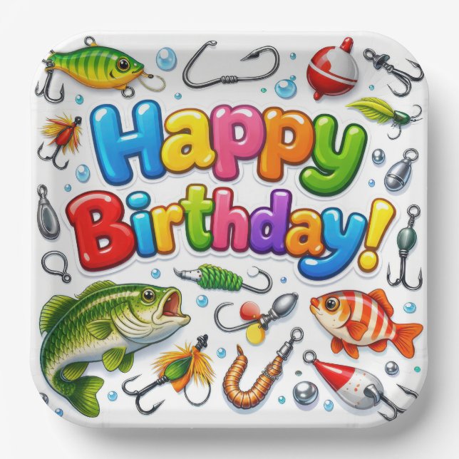 Happy Birthday Fish, Lures and Hooks Pappteller (Vorderseite)